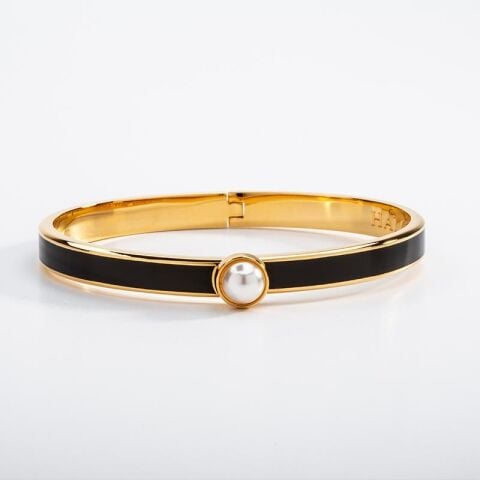 6mm - Skinny Cabochon Pearl - Black - Gold - Hinged Bangle - NEW