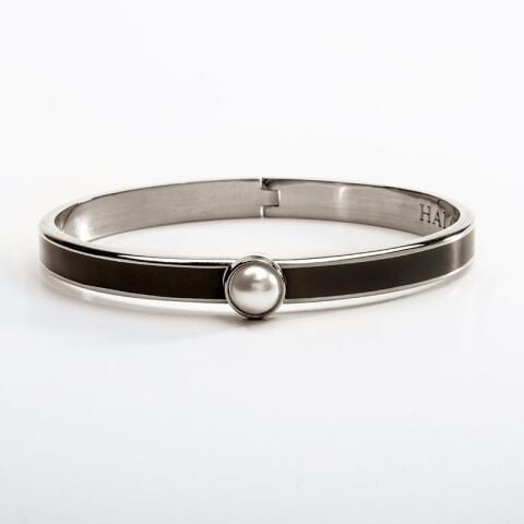 6mm - Skinny Cabochon Pearl - Black - Palladium - Hinged Bangle - NEW