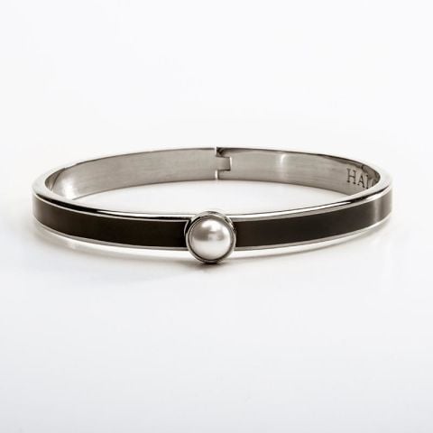 6mm - Skinny Cabochon Pearl - Black - Palladium - Hinged Bangle - NEW