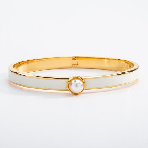 6Mm Skinny Cabochon Pearl Cream Gold Hinged Bangle