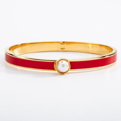 6Mm Skinny Cabochon Pearl Red Gold Hinged Bangle
