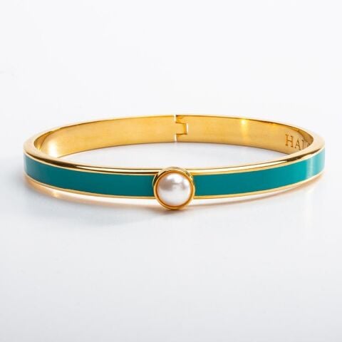 6mm - Skinny Cabochon Pearl - Turquosie - Gold -Hinged Bangle - NEW