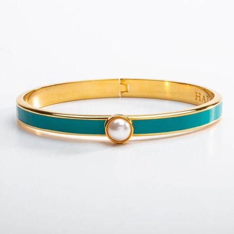 6Mm Skinny Cabochon Pearl Turquosie Gold Hinged Bangle