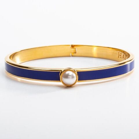 6Mm Skinny Cabochon Pearl D Cobalt Gold Hinged Bangle