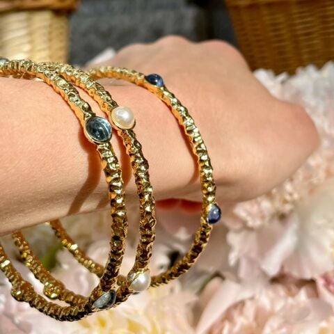 Cabochon Aquamarine & Gold Push-On Bangle