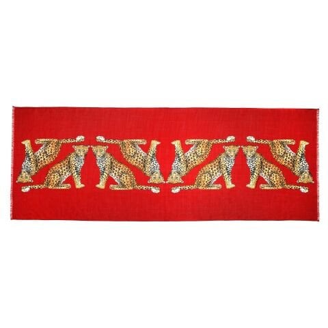 MW Twin Leopards RED 170cm x 65cm Wool Silk Long Scarf