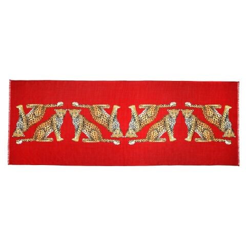 MW Twin Leopards RED 170cm x 65cm Wool Silk Long Scarf