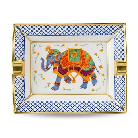 Ceremonial Indian Elephant  White with Blue Trellis  Ashtray