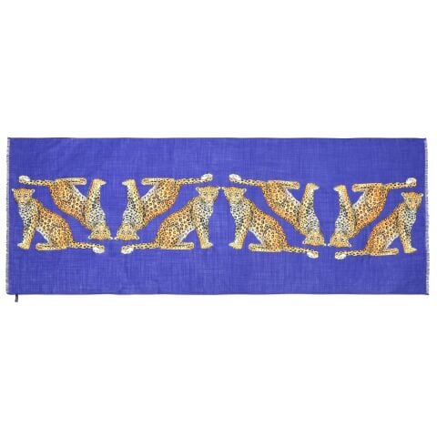 MW Twin Leopards Cobalt 170cmX65cm Wool Silk Long Scarf