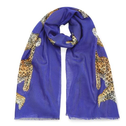 MW Twin Leopards Cobalt 170cmX65cm Wool Silk Long Scarf