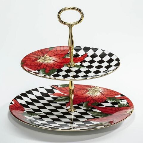 Parterre Black with Poinsettia - 2 Tier Coupe Plate Stand