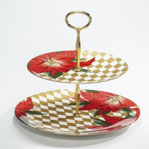 Parterre Gold with Poinsettia - 2 Tier Coupe Cake Stand