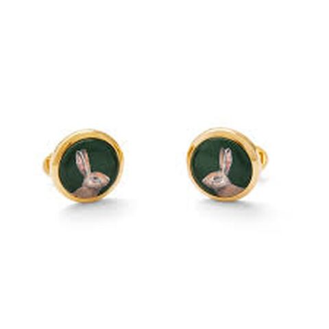 Woodland Wildlife Hare - Green - Round - Gold - Cufflinks