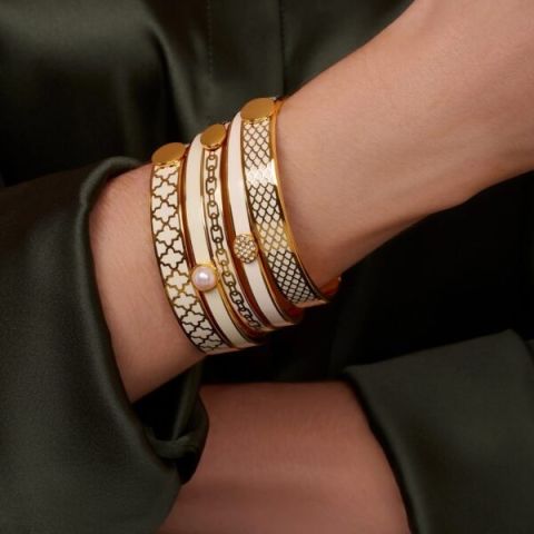 13mm Parterre - Cream - Gold - Hinged Bangle