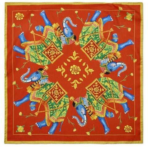 Ceremanial Elephant Red 45X45 %100 Silk Mini Scarf