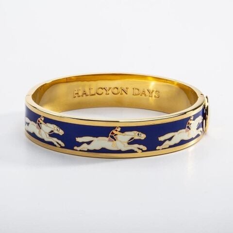 13mm Race horse - Deep Cobalt - Cream - Gold - Hinged Bangle - NEW
