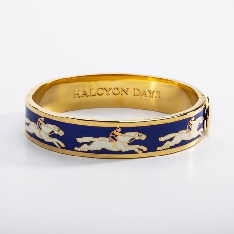 13mm Race horse - Deep Cobalt - Cream - Gold - Hinged Bangle - NEW
