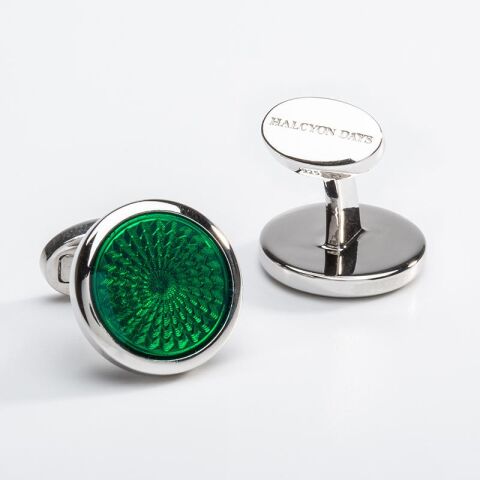Agama Engine Turned Racing Green Sterling Silver Cufflinks
