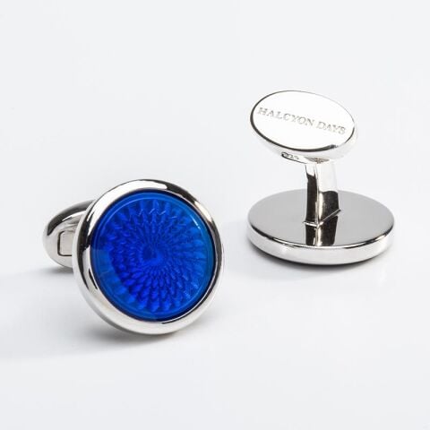 Agama Engine Turned Navy Blue Sterling Silver Cufflinks