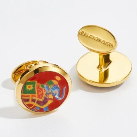 Ceremonial Indian Elephant Red Round Gold Cufflinks