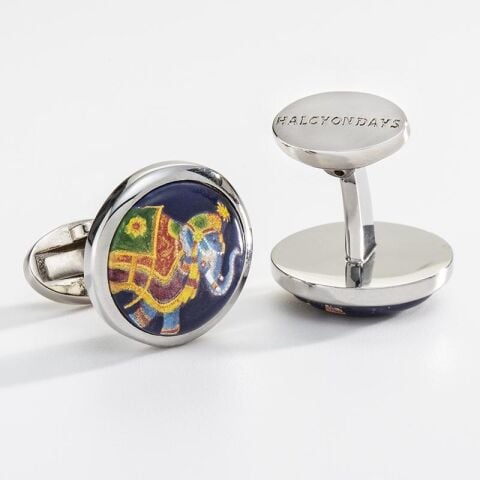 Ceremonial Indian Elephant -Blue - Round - Palladium - Cufflinks