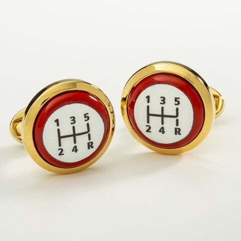 Gear Stick Red Round Gold Cufflinks