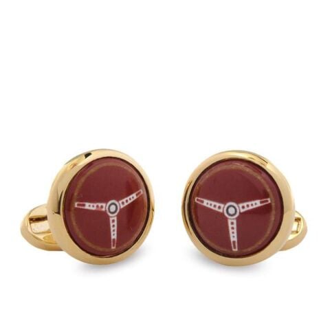 Steering Wheel Red Round Gold Cufflinks