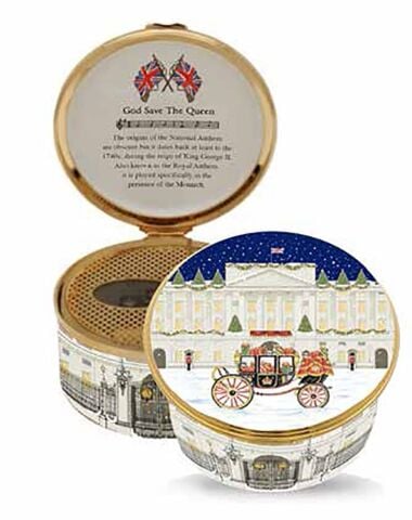 Buckingham Palace Carriage in the Snow - Musical Enamel Box - 'God Save the Queen'