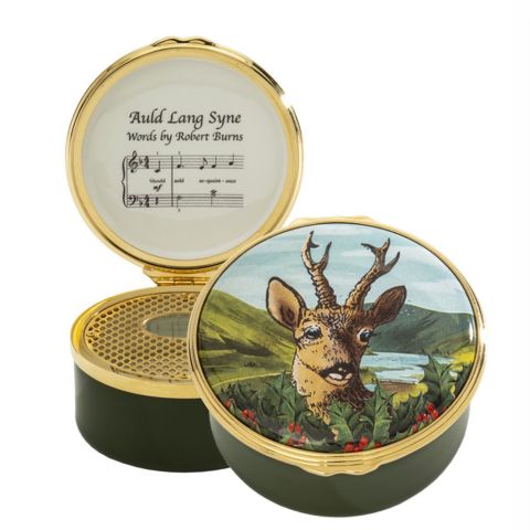 Highland Stag - Musical Enamel Box - plays ' Auld Lang Syne' - NEW