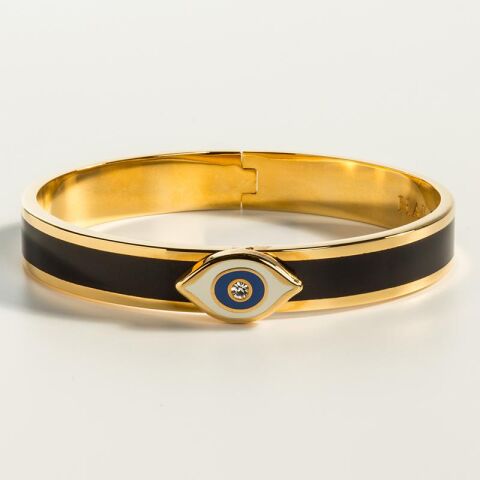 Evil Eye Sparkle Button Blue Gold Hinged Bangle